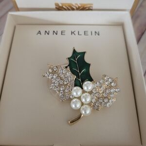 Anne Klein Leaf Brooch with Crystals and Pearls
